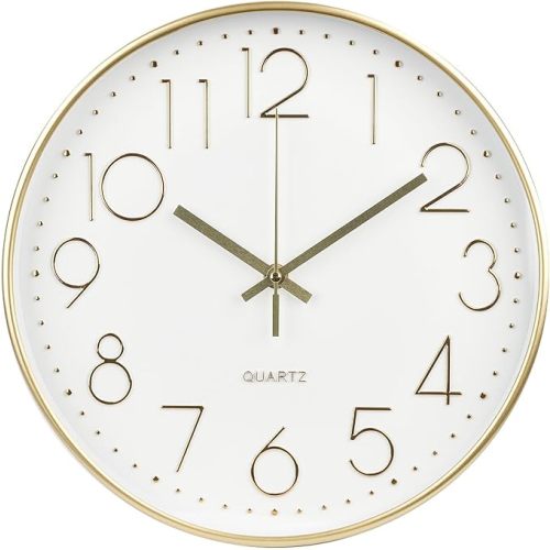 Wall Clock 10 Inch Non-Ticking Silent Modern Simple Style Round Decor Clock Gold Stereoscopic Dial Quartz Wall Clocks for Home/Office/School/Living Room/Bedroom/Kitchen