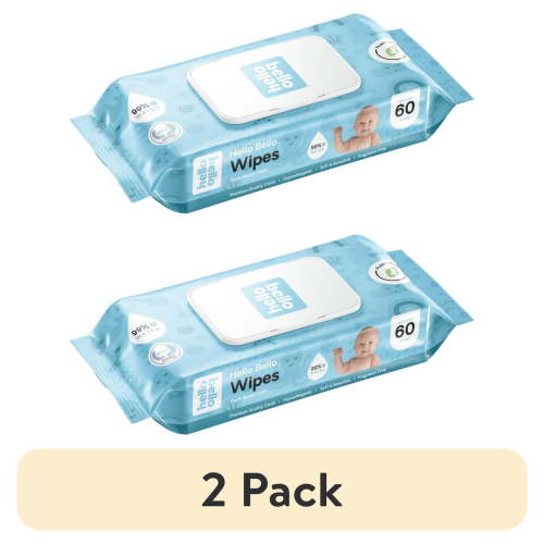 (2 pack) Hello Bello Baby Wipes, 60 Unscented Plant-Based Wipes, 1 Pouch (Choose Your Count)