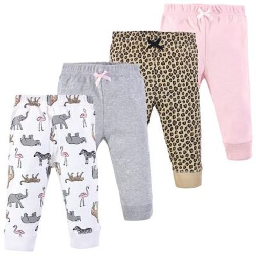 Hudson Baby Basics Infant Girls Comfy Cotton Pants 4-Pack, Blush Safari Adventure, 3-6 Months