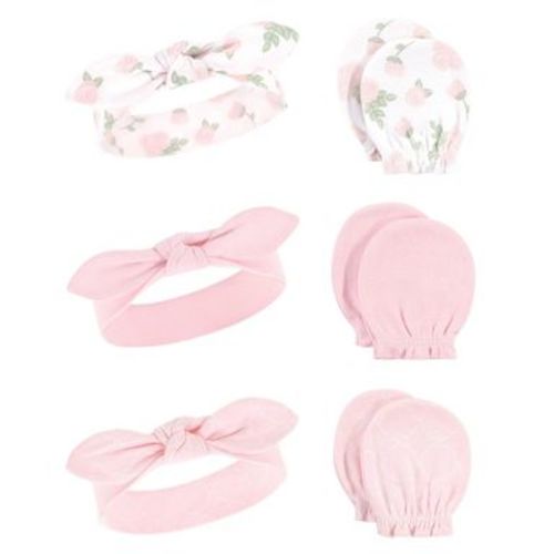 Hudson Baby Infant Girls Cotton Headband and Scratch Mitten 6pc Set, Roses, 0-6 Months