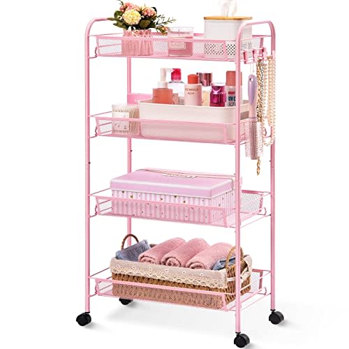 TOOLF 4 Tier Rolling Utility Cart - Durable Metal Design Pink Utility Cart, Storage Trolley on Wheels with 3 Hooks, Perfect for Kitchen, Bathroom & Laundry Room Organization