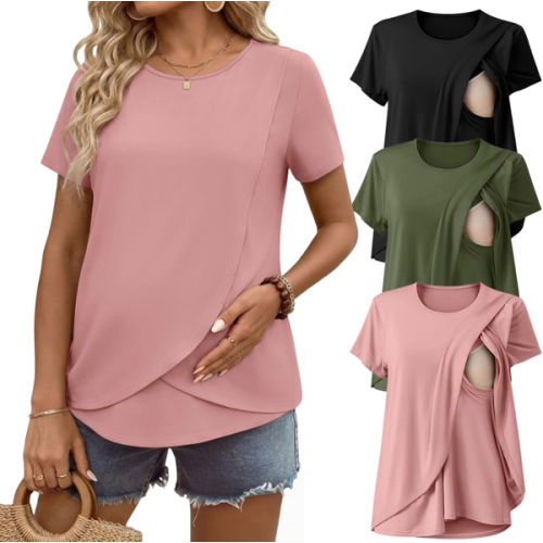 Ekouaer Nursing Shirts 3 Packs Short Sleeve Breastfeeding Tops Summer Maternity T Shirts Postpartum Double Layer Clothes