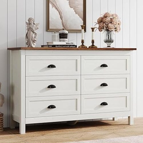 HOUROM Farmhouse White Dresser for Bedroom, Modern 6 Drawer Double Dresser for Bedroom with Vintage Black Handle, Wide Wood Dressers & Chests of Drawers, 6 Drawer Dressers for Hallway, Antique White