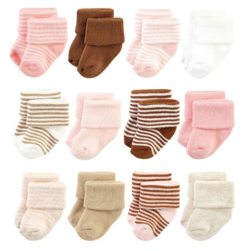 Hudson Baby Basics Infant Baby Cozy Terry Baby Sock 12-Pack, Blush Sands Stripes, 0-6 Months