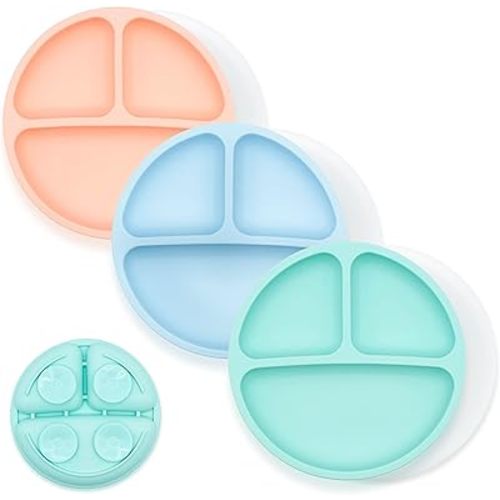 WeeSprout Suction Plates for Babies With Lids & Toddlers - 100% Silicone, Dinnerware Stays Put, Divided Design for Picky Eaters, Microwave & Dishwasher Friendly, 3 Pack