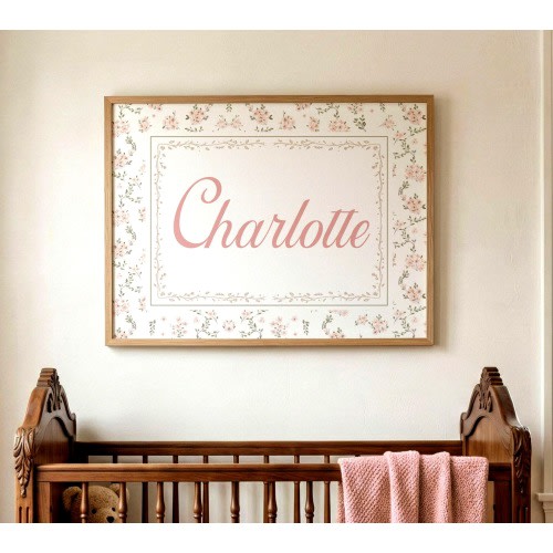 Custom Name Vintage Floral Nursery Wall Art Print, Personalized Baby Girl Room Decor, Retro, Baby Shower Gift 180C