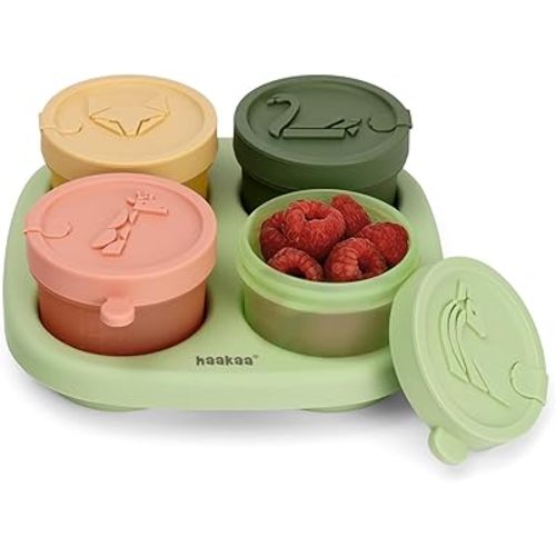 Haakaa Animal Friends Silicone Food Pod Set, 4oz/120ml Baby Food Containers & Jars with Tray, Leakproof Lids, Ice Cream Containers for Homemade Ice Cream,4 Pack,Spring Green Tray