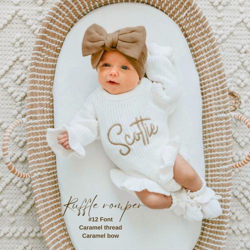 Keepsake Embroidered Knit Ruffle Romper, Personalized Newborn Name Chunky Sweater Romper Baby Girl, Embroidered Newborn Oversized Sweater