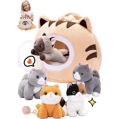 OUOZZZ Cat Stuffed Animal House with 5 Soft Cat Toys for Kids, Portable Gift Set