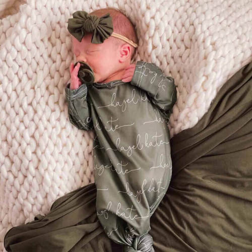 Solid Olive Personalized Newborn Baby Knot Gown