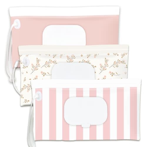 Baby Wipe Holder,Wipe Dispenser, 3-Pack Portable Refillable Wipe Container,Reusable Travel Baby Wipes Case, Waterproof and Dustproof, Wipe Holder for Diaper (Pink)