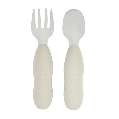 BEABA Set of 2 Stainless Steel Pre-Cutlery Spoon and Fork Set, Baby Toddler Stainless Steel with Silicone Utensil Set, Baby Toddler Spoon Fork Silverware Set, Grey