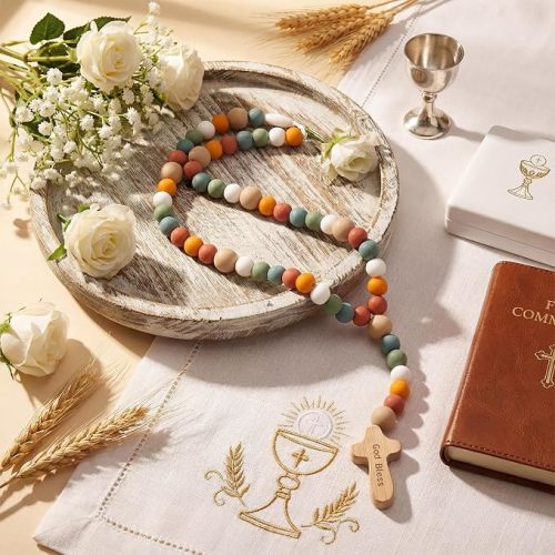 Misdary Baby Rosary Baptism Gift Silicone God Bless Kids Rosary with Cross Baptism Party Supply for Baby Shower Christian Catholic Communion Gifts(Earth Color,Square)