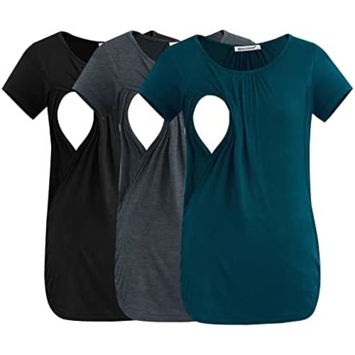 Smallshow Women's Nursing Tops Ruched Short Sleeve Breastfeeding Shirts 3-Pack