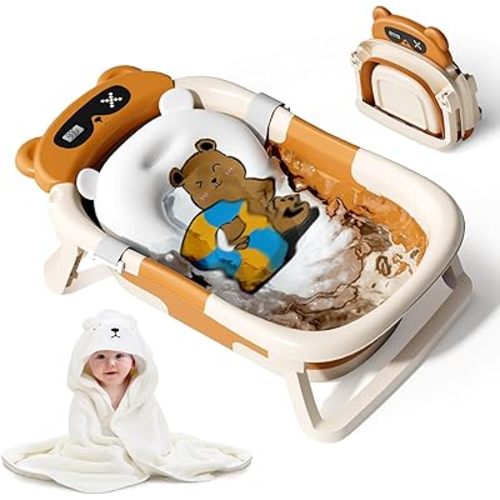Collapsible Baby Bathtub with Soft Towel and Floating Cushion, Infant Bathtub for Newborn to Toddler (0-18 Month), Portable Baby Bath Tub for Travel (Brown Bear)