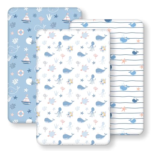 Baby Bedside Bassinet Sheets Fitted, 33”x20” Compatible with Baby Delight Dream On Me & Most Rectangle Bedside Sleeper Bassinet Mattresses, Super Soft Microfiber Blue Ocean Whale