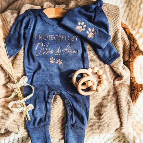 Protected By Dog Infant Outfit with Pet Name, Embroidered Newborn Coming Home Outfit, Personalized Baby Gift for Dog Lover
