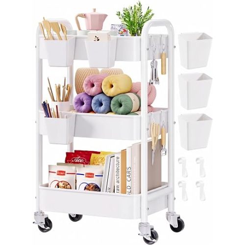 3 Tier Rolling Cart Metal with Wheels, White Three Tiered Shelf Organizer on Wheels, Utility Roller Storage Carts for Craft, Art, Baby Nursery, Diaper Caddy, Postpartum,Cleaning,Bedside,Dorm,Nail,Book