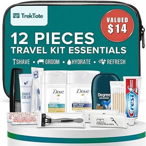 TrekTote 12 Piece Men’s Travel Toiletry Kit TSA Approved Travel Size Toiletries Set Hygiene Kit with Toothbrush Toothpaste Deodorant Razor Shampoo Conditioner