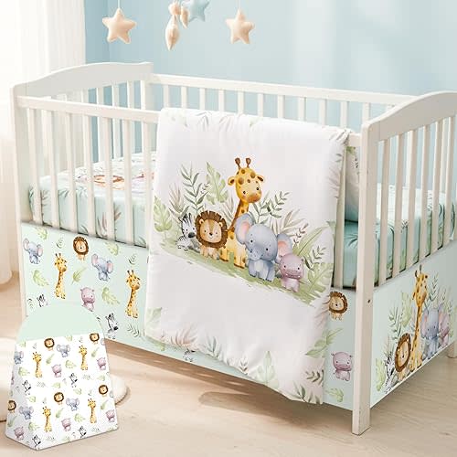 4 Pieces Baby Crib Bedding Set for Girls and Boys, Soft Baby Bedding Set Including Crib Skirt, Comforter, Sheet and Diaper Stacker for Nursery (Wildlife Theme)