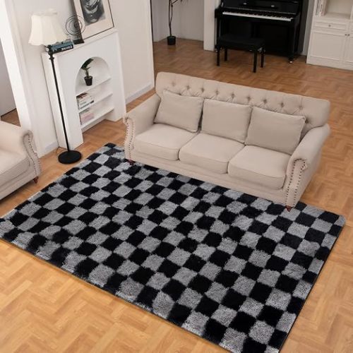 Super Soft Rug for Bedroom, 8x10 Ft Beige and White Area Rug Classic Checkered Shaggy Anti-Skid High Pile Soft Fluffy Rug Fuzzy Carpet for Living Room Bedroom Kids Room Nursery, Dorm Home Decor