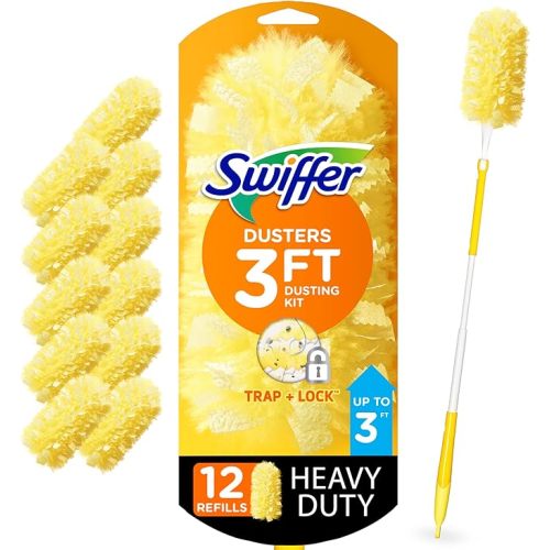 Swiffer Duster Heavy Duty Dusting Kit, Cleaning Supplies, 3 ft Extended Handle, 1 Duster, 12 Refills