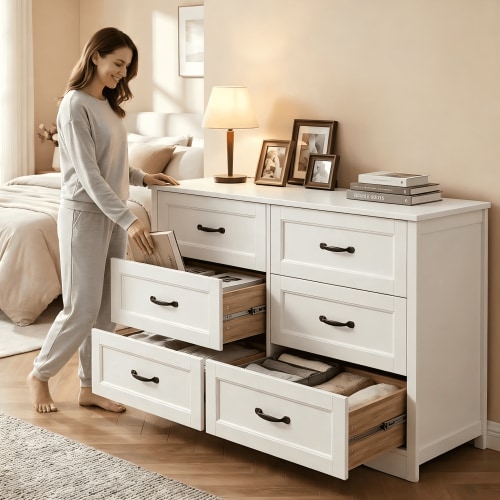 Lofka, 6 Drawer Dresser, White, Modern Bedroom Storage