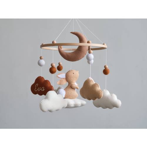 Handmade Cloud and Bunny Baby Mobile: Neutral Nursery Decor, Baby Shower GIft