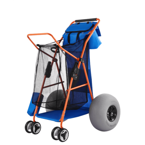 VEVOR Beach Cart with Large Wheels for Sand, 165 lbs Load Capacity, Heavy Duty Folding Beach Wagon with 12" Balloon Wheels, Blue+Orange