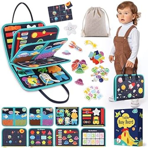 Toddler Sensory Busy Board: Travel Toy Activity Book for Girls Boys, Motor Skill Development Gift for Baby Aged 3-4 Years, Fine Educational Preschool Montessori Learning Toy for Car Airplane Space