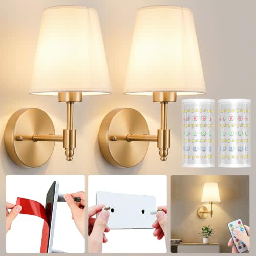Nekhung Battery Operated Wall Sconce, Peel and Stick Sconces Set of 2 | Wireless Adhesive Stick On Wall Sconce, 10000mAh Rechargeable RGB Bulb with Remote, No Drill Wall Light for Bedroom Decor