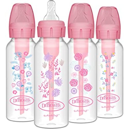 Dr. Brown's Natural Flow Anti-Colic Options+ Narrow Baby Bottles, Floral Designs, 8oz/250mL, with Level 1 Slow Flow Nipples 4-Pack, Pink, 0m+