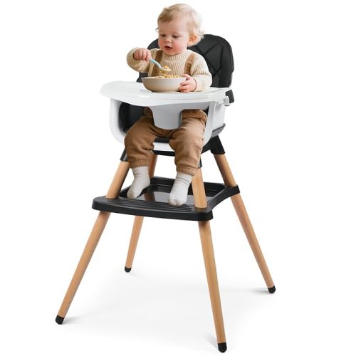 Kinder King 7 in 1 Baby High Chair for Babies and Toddlers with Large Storage Footrest, Booster Seat, Convertible Wooden High Chair with 3-Depth Double Dishwasher Safe Tray, 5 Point Harness, Gray