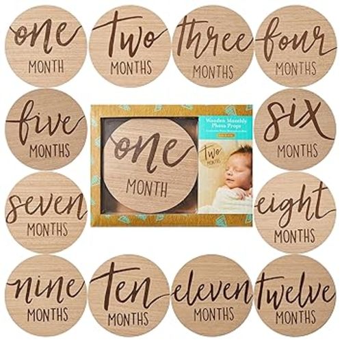 Kate & Milo Baby Monthly Milestone Marker Discs - Classic Cursive Script Wooden Discs with Reversible Photo Props for Baby Announcement and Milestones, Gender-Neutral Gift for Newborn Boy and Girl
