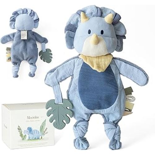 Moonkie Baby Lovey with Silicone Teether, Dinosaur Security Blanket with Textured Ribbons, Crinkle Toys, Soft Minky Velour & Natural Cotton, Newborn Boys Gifts for Baby Shower & Birthday