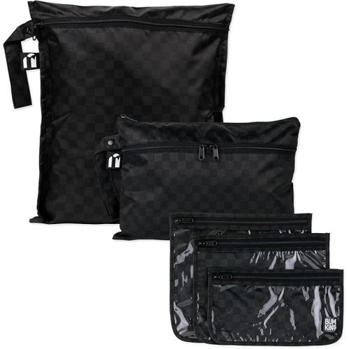 Bumkins and Roamio Waterproof Wet Bag, Wet/Dry Clutch & Clear Travel Bags - For Beach, Baby, Travel, Cloth Diapers, Pump Parts, Pool, Gym, Toiletries - Reusable & Easy to Clean - Black Check - 5 Pack