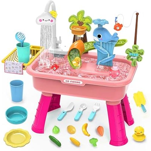 Water Table for Toddlers 1-3，Water Table with Pump，Role Play Sensory Toys，Toy Kitchen Sets for Kids Ages 4-8, Play Sink with Running Water & Electric Faucet，Outdoor Toys for Toddlers 1-3(Pink)