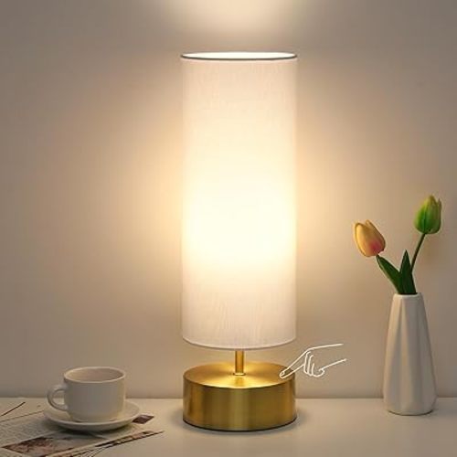3-Way Dimmable Table Lamp, Touch Control Gold Bedside Lamp with White Shade