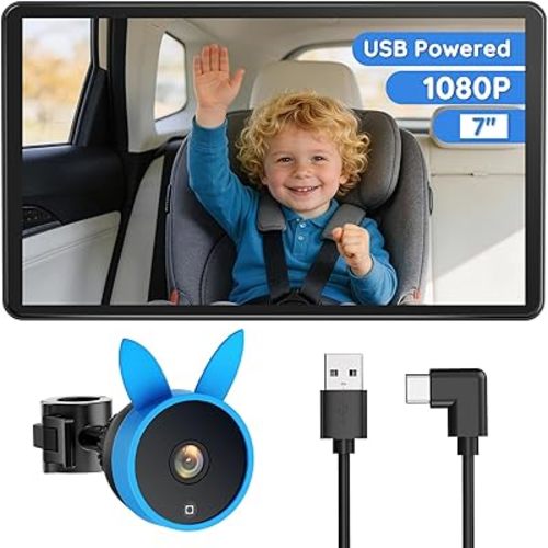 Babyvue BV4 7in Baby Car Monitor, IPS 1080P Large Screen Display with USB Plug & Play Power, AUTO IR Night Vision Car Seat Monitor, Baby Registry for Boys & Pets, Travel Essential