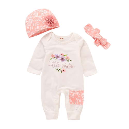 Infant Baby Girl Clothes Baby Girl Outfits Long Sleeve Letter Print Romper One Piece Jumpsuit Headband Hat 3PCS Clothing Set 6-9 Months