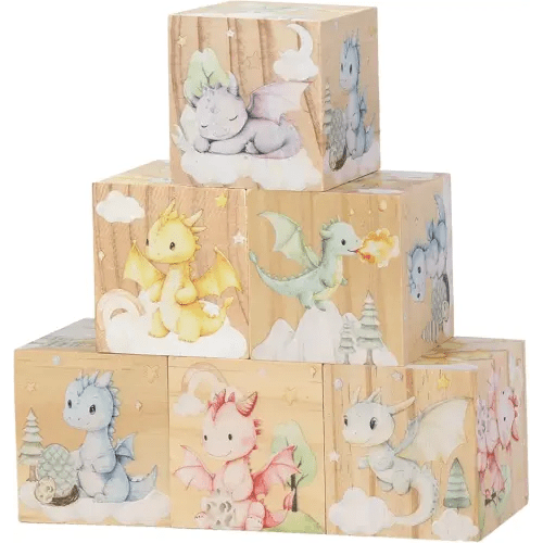 6 Pcs Nursery Decor Blocks, Wooden Nursery Decor for Girls and Boys, Wooden Shelf Decor Bedroom Playroom Decor for kids Birthday Baby Shower Table Decorations Gifts (Baby Dragon)