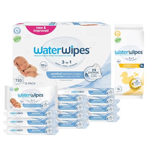 WaterWipes Bundle, Original 720 Count (12 packs) & XL Bathing Wipes 16 Count (1 pack), Plastic-Free, 99.9% Water Based Wipes, Unscented, Hypoallergenic for Sensitive Skin, Packaging May Vary