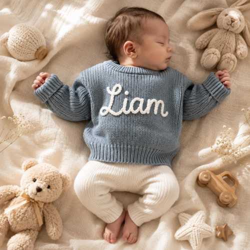 Hand Embroidered Baby Name Sweater, Personalized Baby Sweater with Name, Custom Knit Newborn Crewneck Sweater, Crochet Knitted Baby Jumper