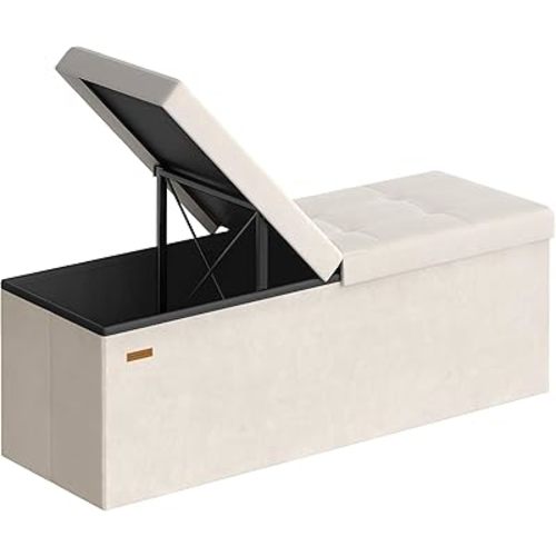 SONGMICS Mazie Collection - 43 Inches Storage Ottoman, Foldable Storage Bench with Flipping Lid, 660 lb Load Capacity, for Entryway, Living Room, Bedroom, Velvet Fabric, Cream White ULSF078LH01