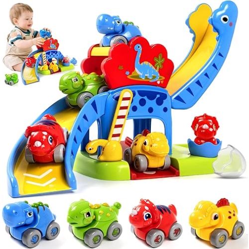 Marstone Toddler Toys for 1 Year Old Boy Gifts: Dinosaur Slide with 4 Animal Cars Educational Baby Toys 12-18 Months, First 1st Birthday Gifts for Kids, Girls, Push Car Race Track for Toddlers 1-3