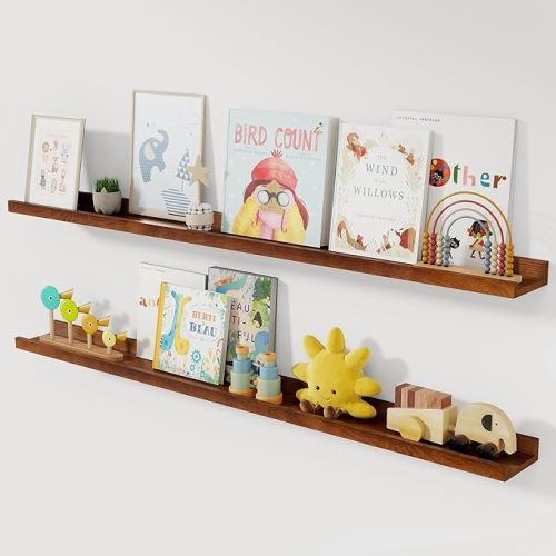 Solid Ash Wood Floating Shelves, Wood Picture Ledge Shelf Set of 2, 48 Inch Long Large Photo Ledge Shelves, Nursery Book Shelves Wall Mounted for Living Room Kids' Bedroom Decor, Color Walnut