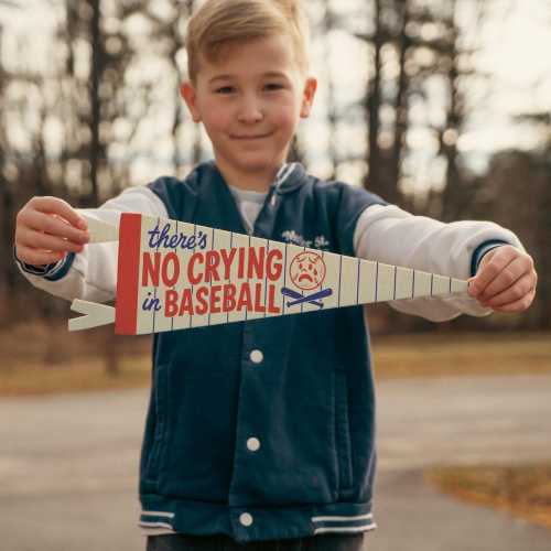 There's No Crying In Baseball Felt Pennant | Vintage Baseball Fan Gift, Retro Sports Flag, Kids Room and Nursery Wall Decor