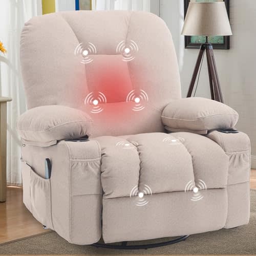 REFICCER Massage Recliner Chairs for Adults, Rocker Recliners with Massage and Heat, Fabric Overstuffed Swivel Glider with Cup Holder Side Pocket, Manual Rocking Sofa Chair for Living Room, Beige