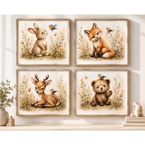 Woodland Nursery Animal Prints Set of 4 | Neutral Nursery Decor | Bunny Fox Deer Bear Wall Art | Woodland Baby Room Decor | Watercolor Art