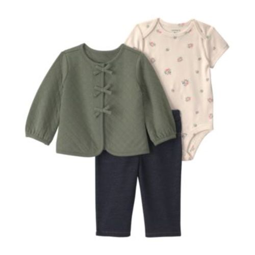 Baby Girls' Quilted French Terry Long-Sleeve Cardigan, Bodysuit and Pants, 3-Piece Set
